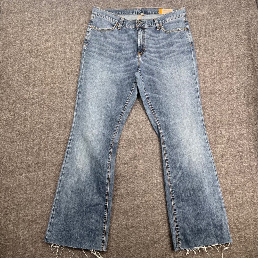 Gap Long and Lean Bootcut Jeans Medium Wash Raw Hem Stretch Denim Womens 12L
